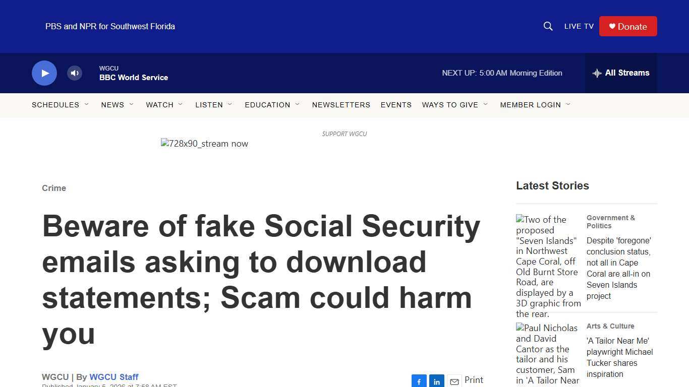 Beware of fake Social Security emails asking to download statements; Scam could harm you WGCU PBS & NPR for Southwest Florida